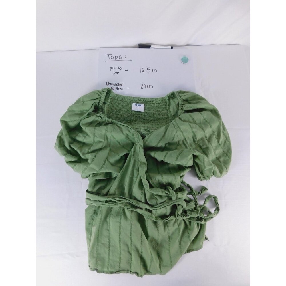Old Navy Blouse Womens XL Green Puff Sleeve Wrap Tie Waist Tunic Top Striped - Picture 5 of 5